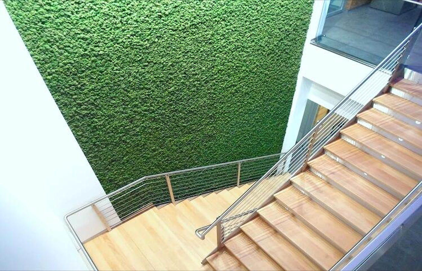 zielona ściana z mchu stabilizowanego w przestrzeni biurowej przy klatce schodowej