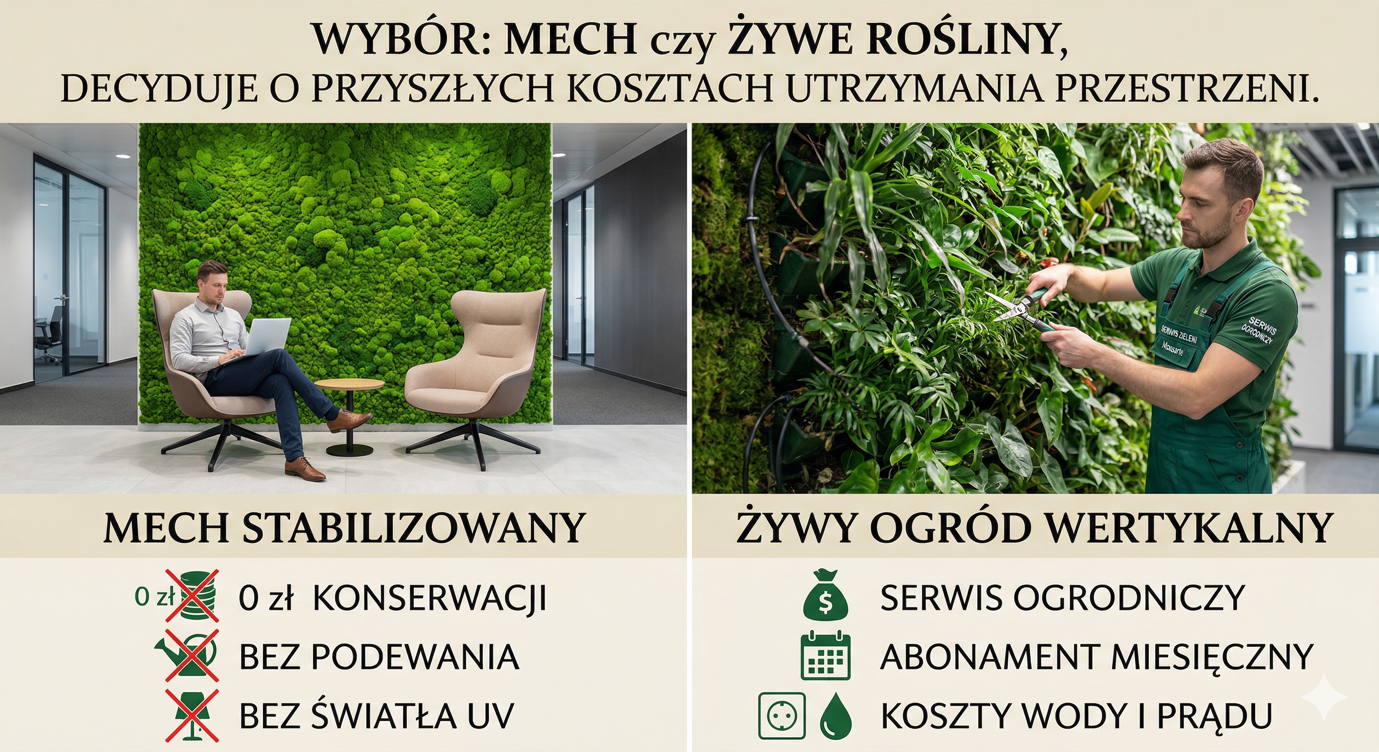 Mech czy żywe rośliny - porównanie zielonych ścian w biurze