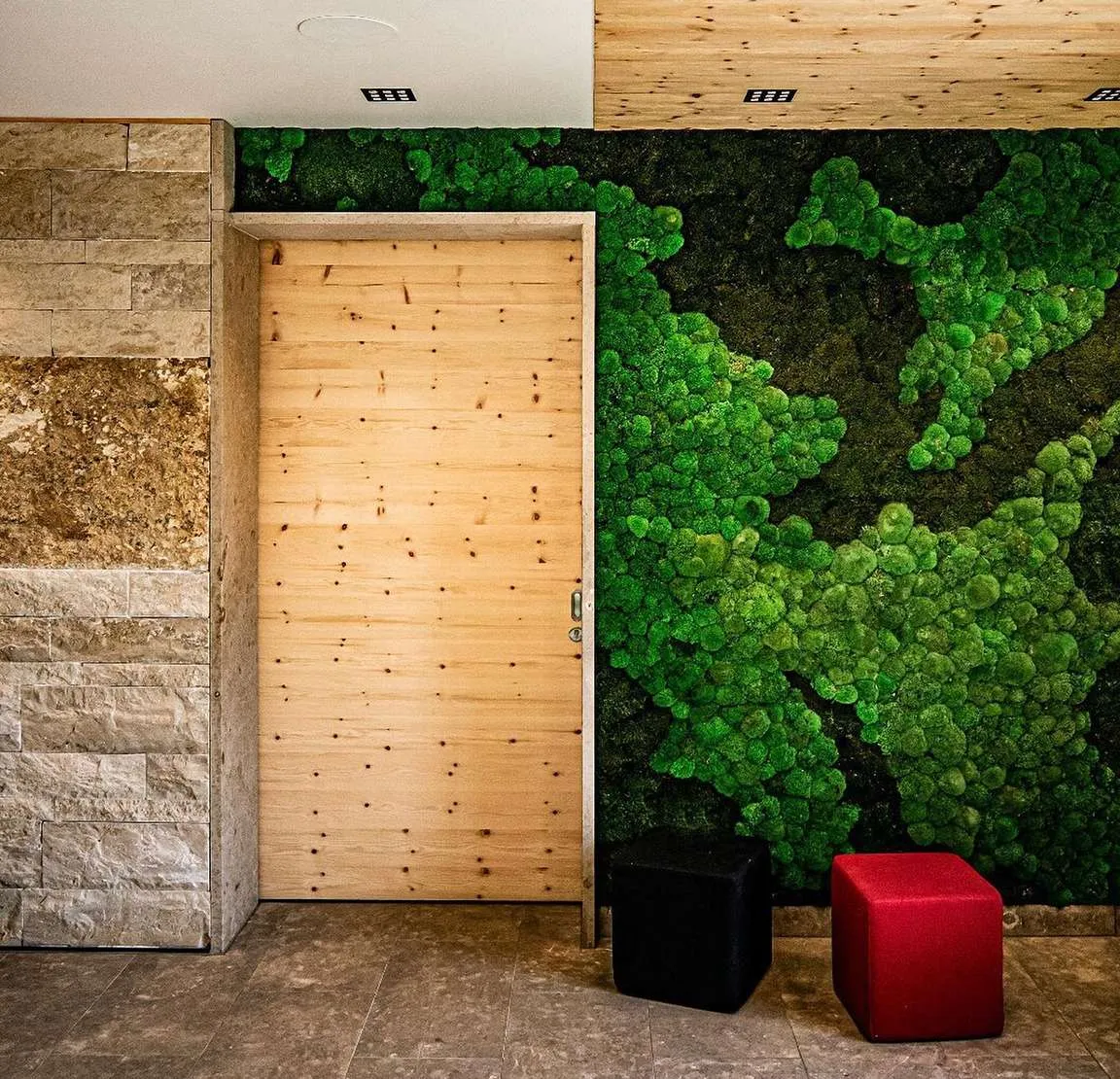 Rośliny stabilizowane w aranżacji wnętrz – zielona ściana z mchu w nowoczesnym biurze