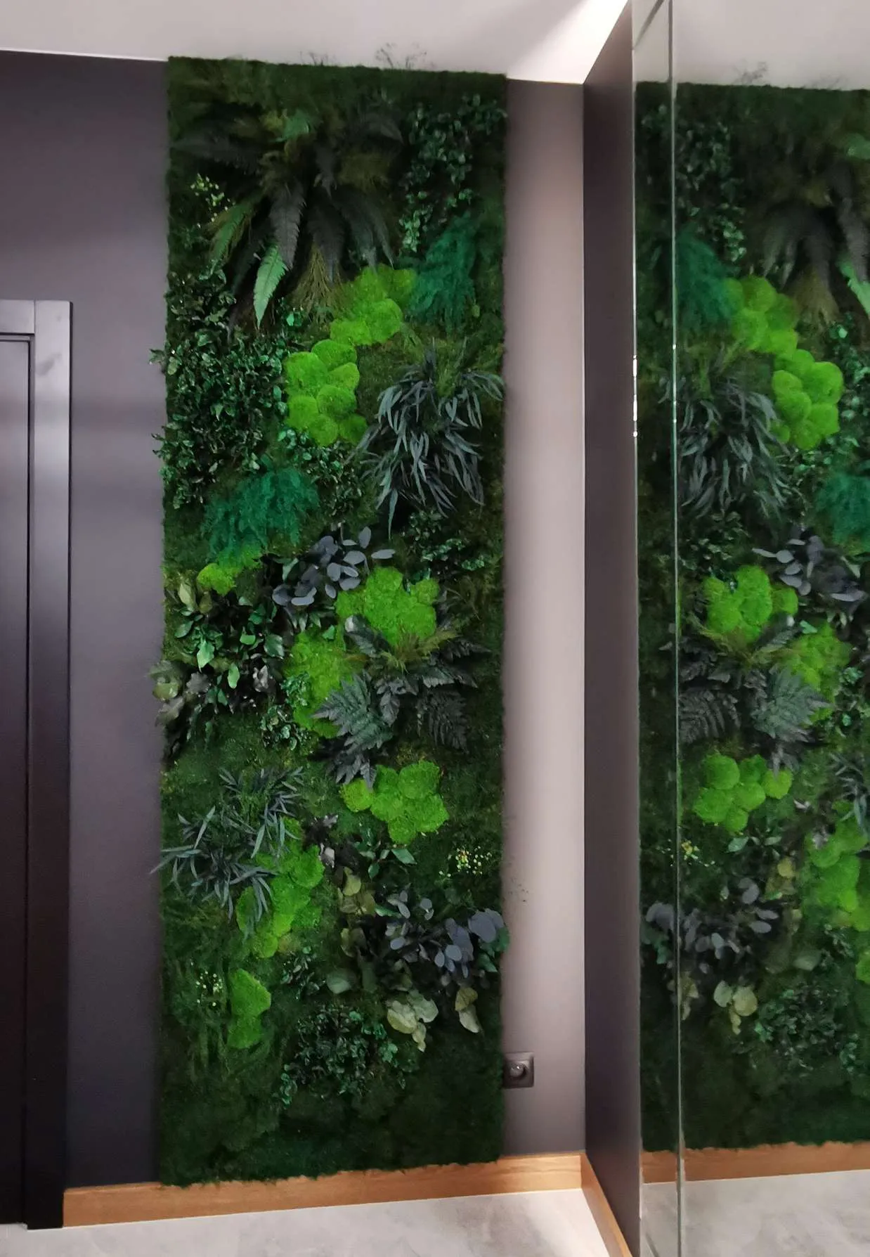 Zielona ściana z mchu i roślin stabilizowanych w przedpokoju