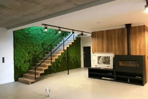 Zielona ściana z mchu poduszkowego pod schodami